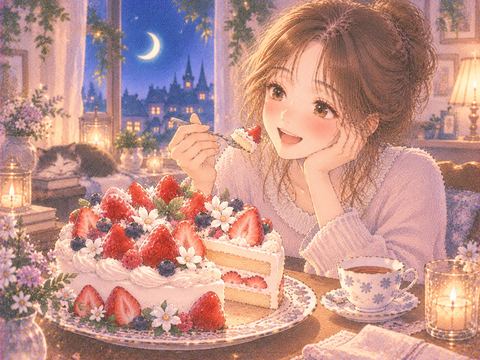 美しく飾られたケーキを嬉しそうに食べる女性