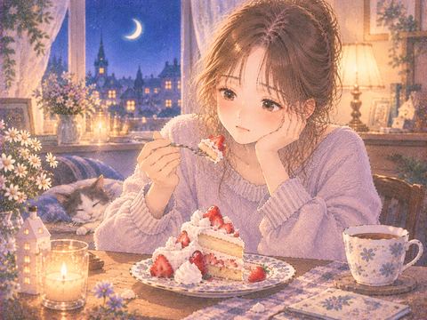 少し崩れたケーキを食べる女性
