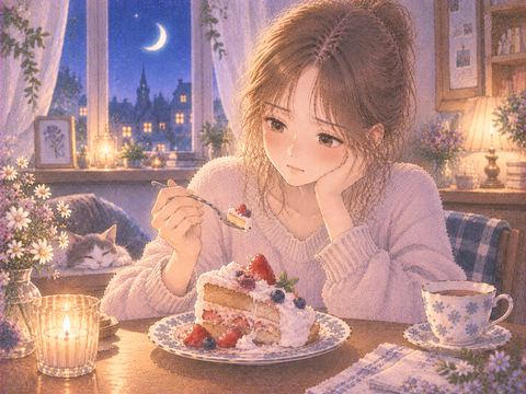 傷んだケーキを前に違和感を覚える女性
