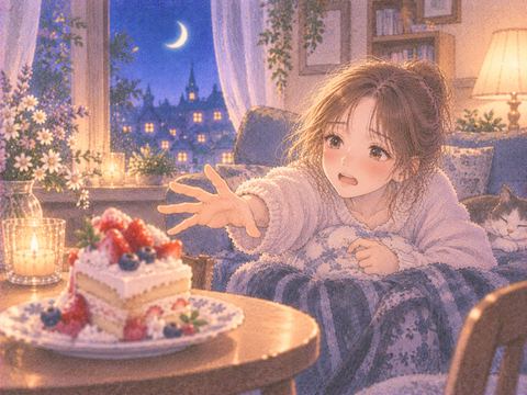 目の前のケーキに手が届かない女性
