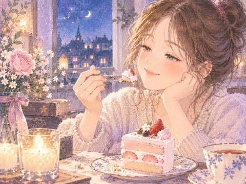 甘いケーキをゆっくり味わう女性