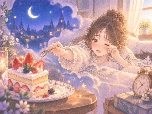 ケーキにフォークを伸ばす直前で目覚める女性
