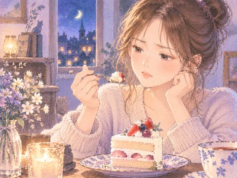 ケーキを一口食べて戸惑う女性