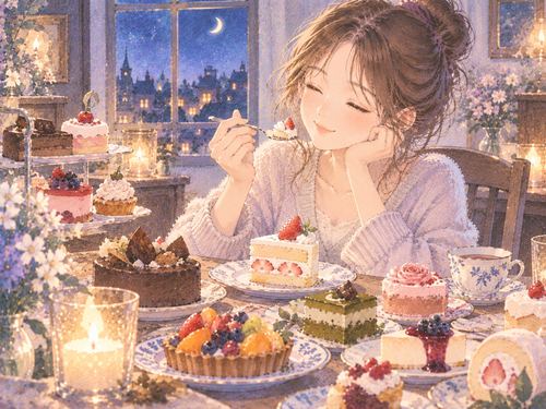 たくさんのケーキが並ぶテーブルで食べる女性