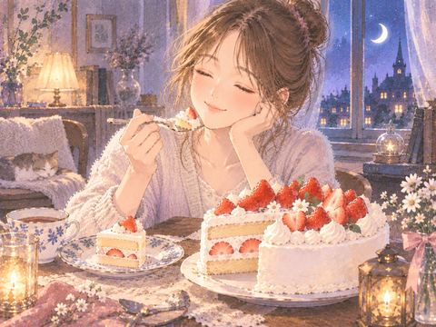 ホールケーキを一人で味わう女性