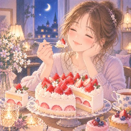 いちごたっぷりのケーキを嬉しそうに食べる女性
