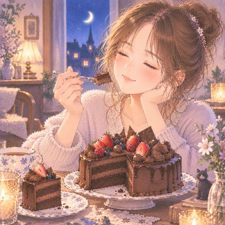 濃厚なチョコレートケーキを味わう女性