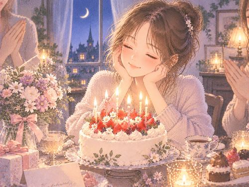ろうそくのある誕生日ケーキを囲む女性