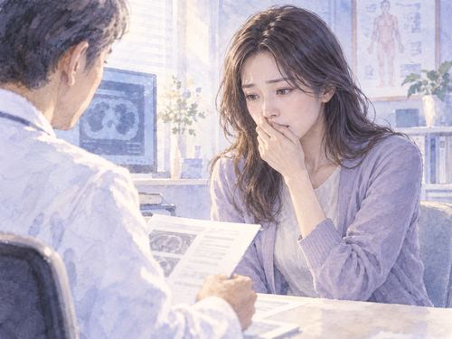 診察室で説明を聞き静かに動揺する女性