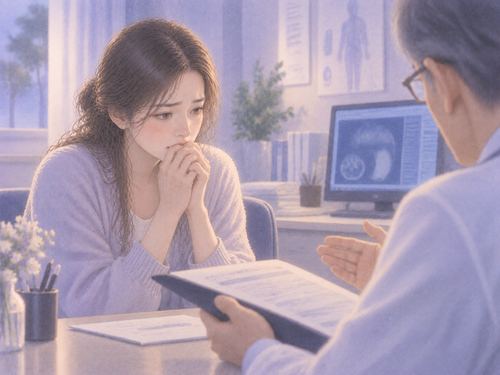 検査結果の説明を静かに聞く女性