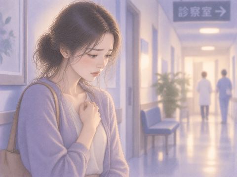 診察後に胸元へ手を添えて考える女性