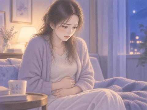 腹部に手を添えて不安そうに座る女性