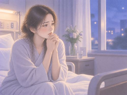 手術前の静かな病室で決意する女性