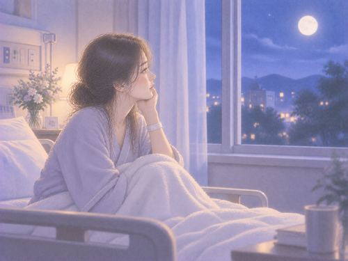 夜の病室で窓を眺める入院中の女性