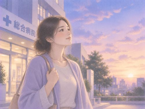 病院を出て穏やかに空を見上げる女性