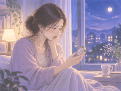 窓辺で時計を見つめながら考える女性