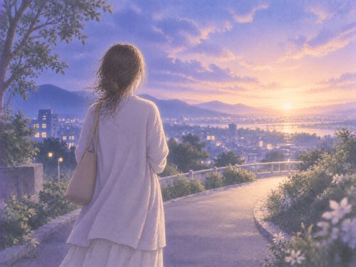 夜明けの光へ続く静かな道と女性の後ろ姿