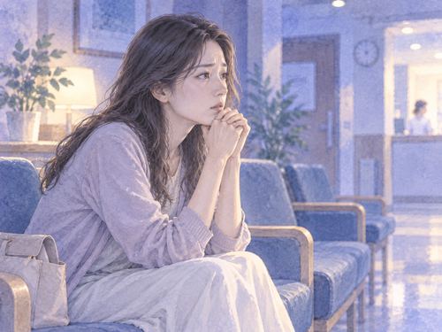 検査結果を待ちながら不安そうに座る女性