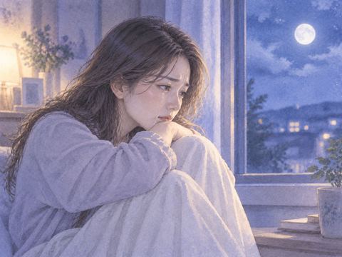 窓辺で静かに涙を流す大人の女性