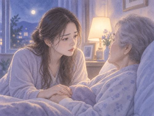 年老いた親を心配そうに見つめる大人の女性