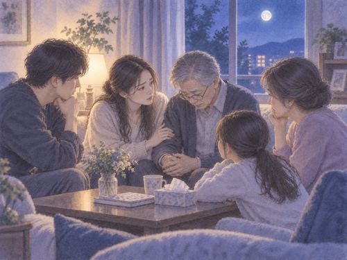 静かな部屋に集まり互いを気遣う家族