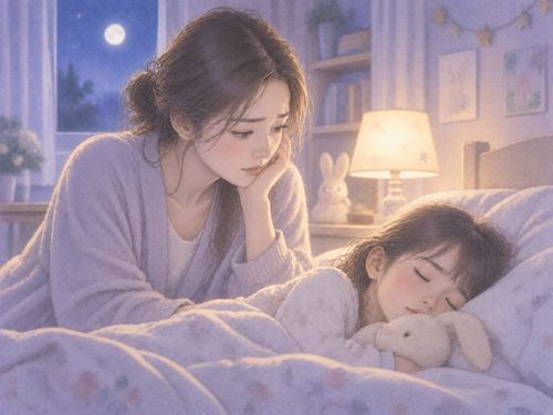 眠る子供をそっと見守る母親