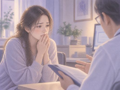 診察室で突然の説明に動揺する女性