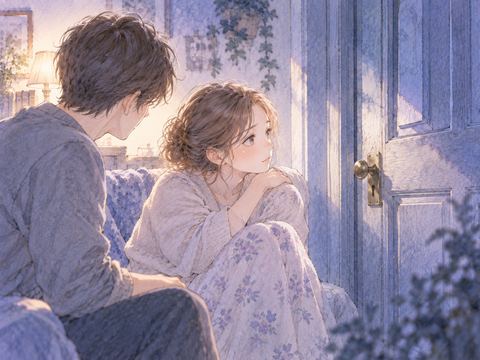 閉じた扉の前で恋人と距離を取る女性