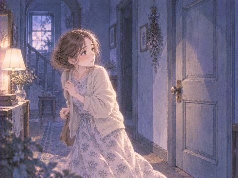 閉じた扉から距離を取り出口を探す女性
