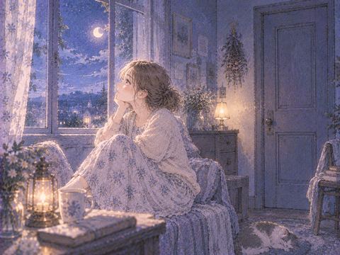 閉じた部屋の窓辺で静かに座る女性