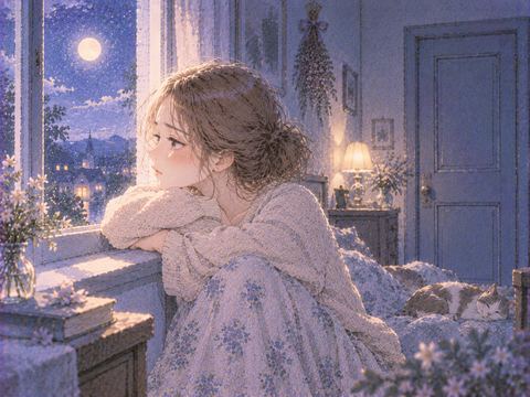 窓辺で静かに涙を流す女性