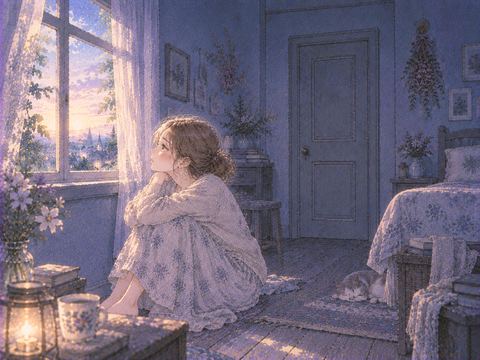 出口のない部屋で窓の外を見る女性