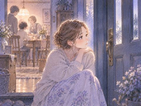家の扉を見つめる女性と背後の家族の影