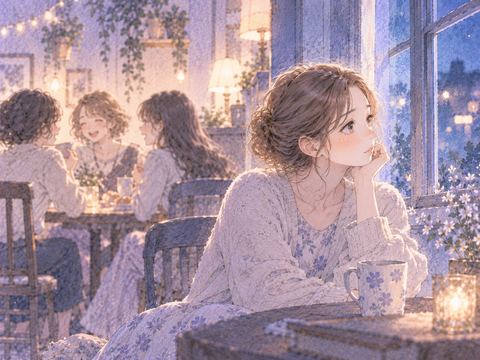 友人たちから少し離れて窓を見る女性
