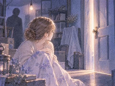見知らぬ影のある部屋で出口を見る女性