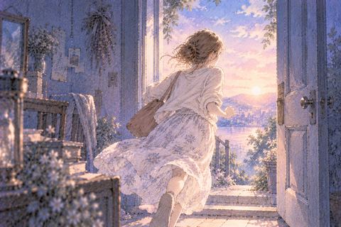 開いた扉から夜明けの光へ走り出す女性