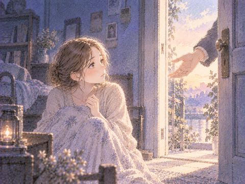 開いた扉の向こうから差し出された手を見る女性