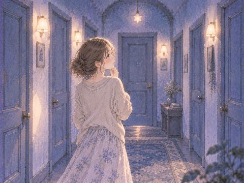 複数の閉じた扉の前で立ち止まる女性