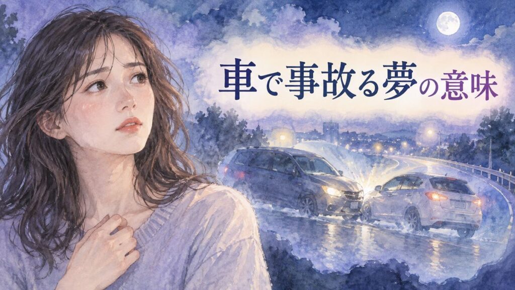 夜の道路に浮かぶ車の事故の夢を見つめる大人の女性