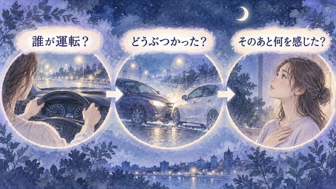 運転する人と衝突する車と事故後の気持ちを順に見つめる夢の図
