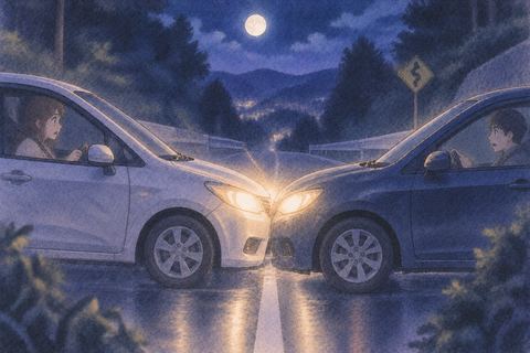 夜道で二台の車が正面から向かい合う夢