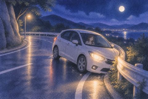 夜道で車がガードレールにぶつかる単独事故の夢
