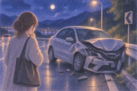 大きく壊れた車を静かに見つめる人物の夢