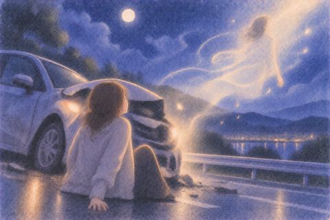 事故の車から淡い光へ溶ける人物の夢