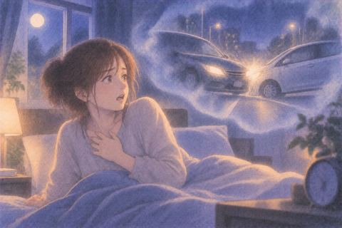 車の事故の夢から驚いて目を覚ます人物
