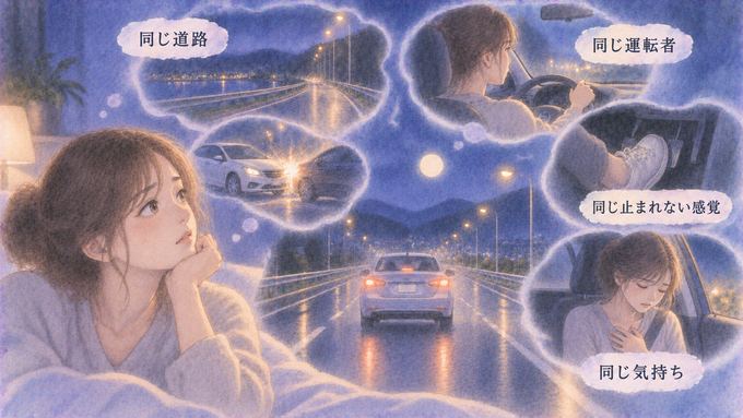同じ夜道と車の事故場面が重なって見える夢の図