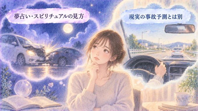 車の事故の夢の象徴と現実の運転状況を別々に見つめる女性の図