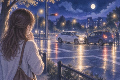 夜道で他人の車の事故を離れて見つめる人物の夢