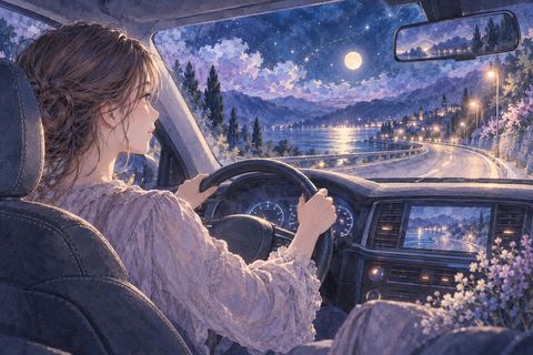 月明かりの道を落ち着いて車で運転する人物