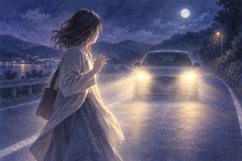 夜道で車が迫り身体が光に包まれる人物の夢